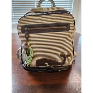 Chala Handbags Whale Striped Canvas Convertible Backpack Crossbody Bag Brown